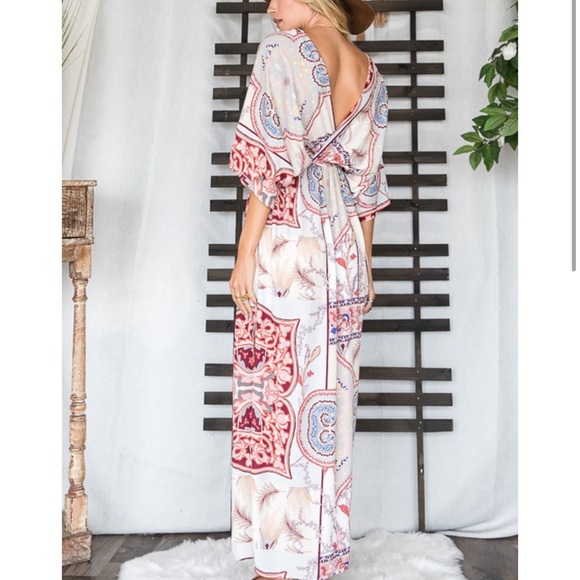 Multi Stripe Floral Print V-Neck Dolman Sleeves Maxi Dress with Side… - Picture 11 of 16